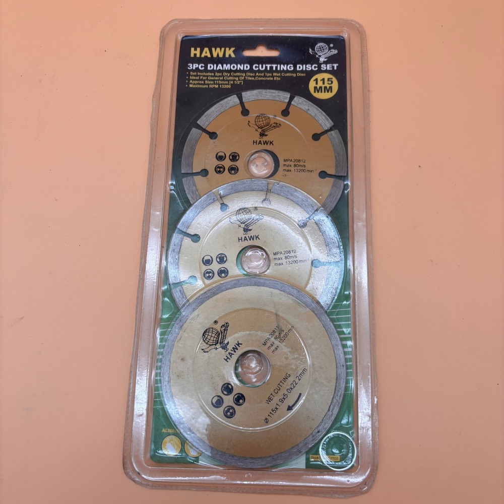 Hawk 3PC Diamond Cutting Disc Set 115mm 4.5 Inch Wet Dry Tile Concrete Masonry